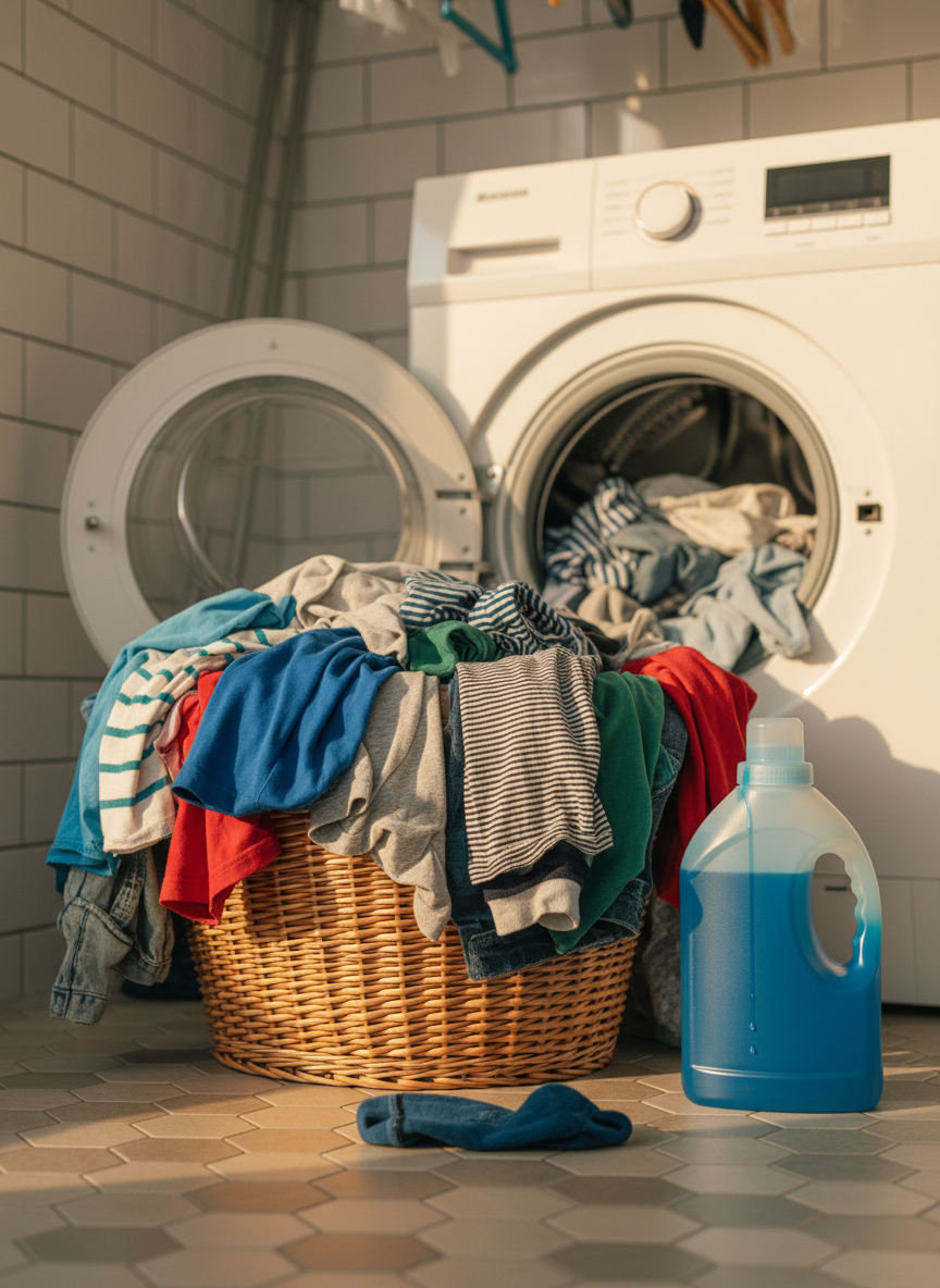 A realistic, photographic close-up of a laundry corner in mid-perrengue: an overflowing woven basket stuffed with colorful, slightly wrinkled clothes, a lone sock lying dramatically on the tiled floor, and a bottle of liquid detergent with a small drip running down its side. Behind, a white washing machine door is half open, revealing more tangled fabrics inside. Warm afternoon light filters from the right, casting soft shadows and a gentle glow on the textures of cotton, denim, and wicker. Shot from a slightly low angle with shallow depth of field, the basket dominates the frame while the background fades into a blur of wall tiles and a hanging drying rack. The mood is humorous and relatable, celebrating the never-ending, slightly chaotic reality of household laundry.