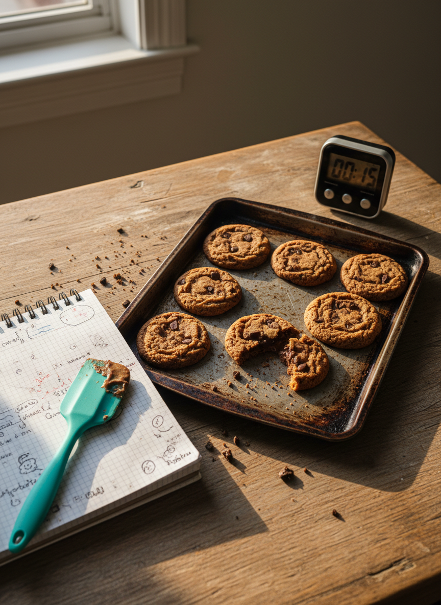 A playful still life on a wooden kitchen island featuring a slightly burnt baking tray with a batch of imperfect cookies, some too golden at the edges and one broken in half, crumbs scattered everywhere. Nearby sits an open recipe notebook with scribbled corrections and stains, a colorful silicone spatula with a smear of dough, and a timer showing a few seconds over the ideal baking time. Natural late-afternoon light falls from a side window, creating warm highlights on the metal tray and gentle shadows from the objects. Photographic realism with a slightly elevated angle emphasizes the textures—crispy cookie edges, shiny tray, and grainy wood. The mood is lighthearted and honest, embracing domestic mishaps and learning moments in the kitchen.