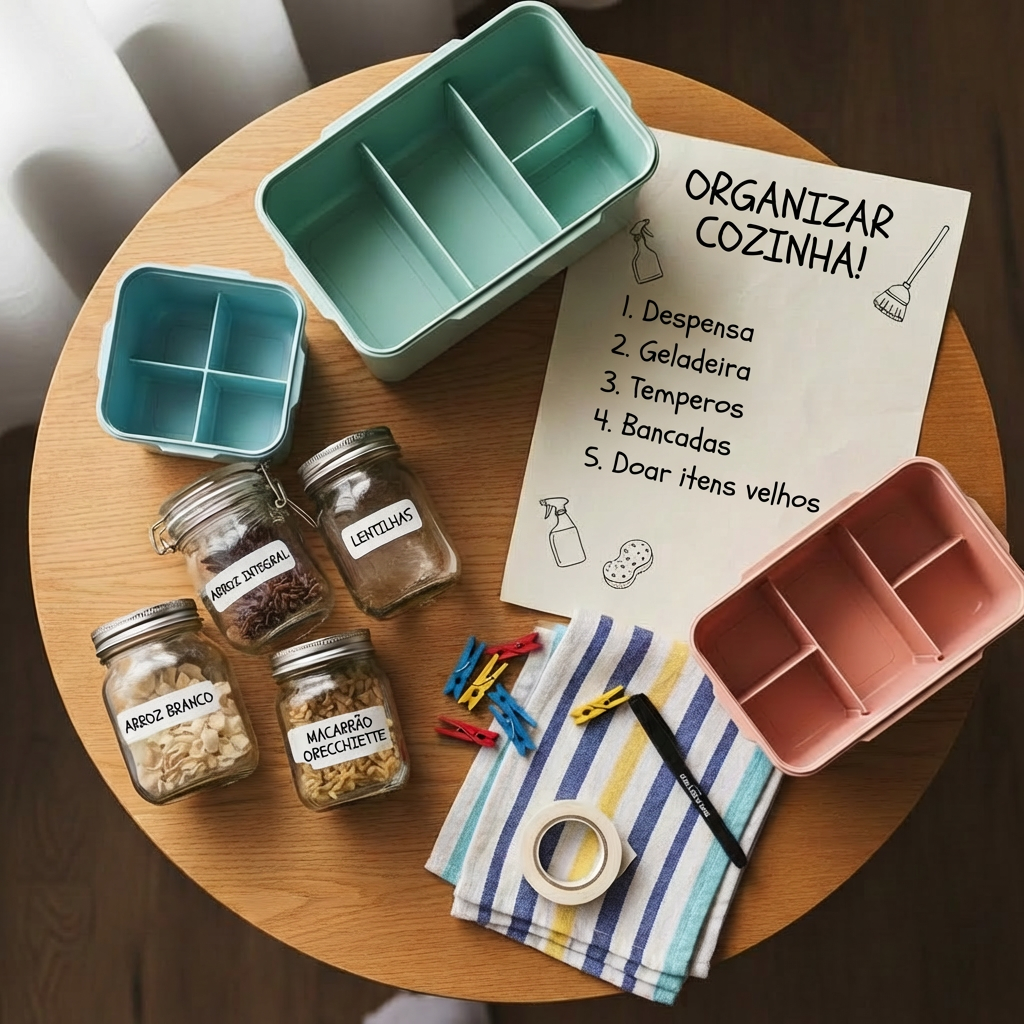 An overhead, photographic scene of a small kitchen table mid-organizing project: open storage containers in different pastel colors, neatly labeled glass jars filled with rice, beans, and pasta, and a handwritten to-do list on slightly crumpled paper with doodles of cleaning icons in the margins. Scattered around are colorful clothespins, a striped dishcloth, and a roll of masking tape, all arranged in a casual but intentional mess. Soft diffused daylight from the side casts mild shadows and a friendly glow over the objects. The composition uses the rule of thirds, with the to-do list as the visual anchor. The mood is energetic yet approachable, capturing the playful chaos of trying to get the house in order while keeping everything visually charming and realistic.