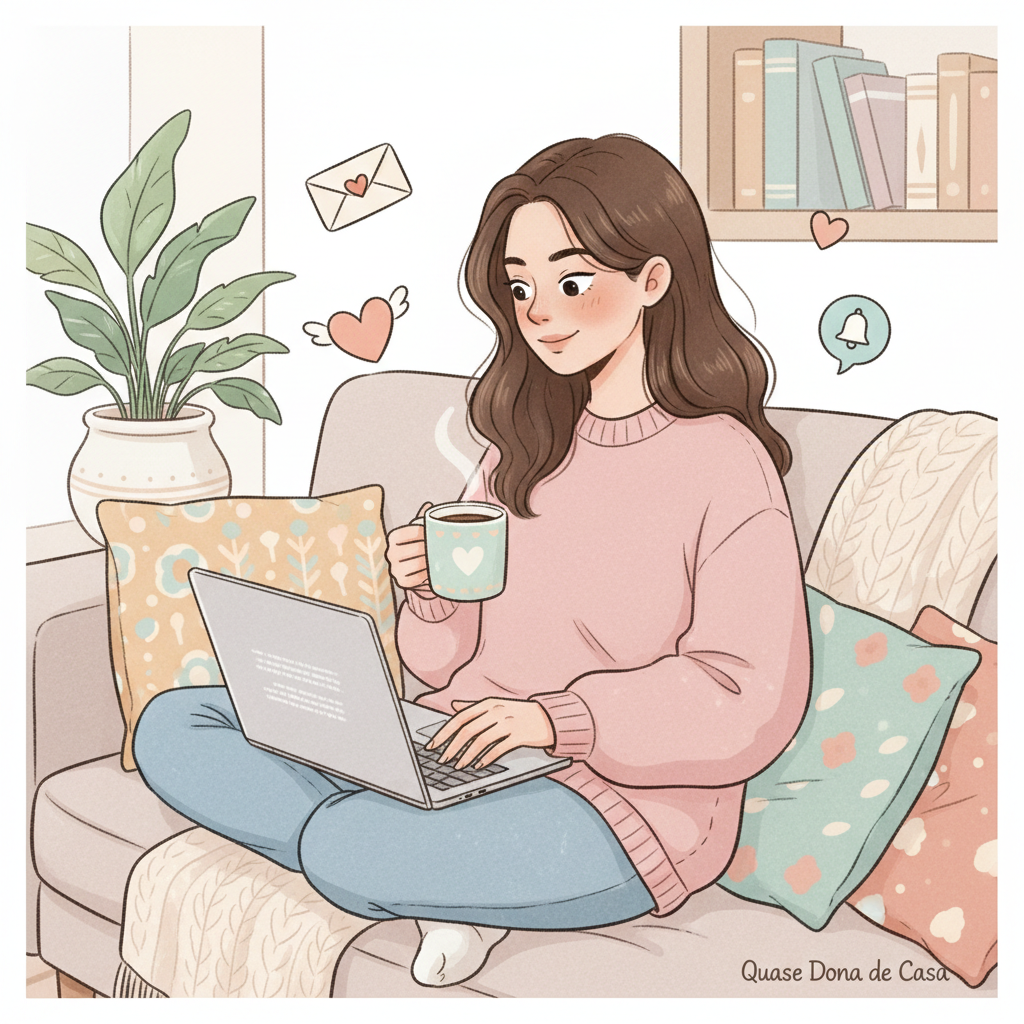Ilustração leve, acolhedora e divertida de uma mulher em casa, sentada com um café, lendo no notebook ou no celular, com pequenos ícones de carta, coração e notificação ao redor, em estilo semelhante ao restante do site Quase Dona de Casa, com cores suaves e clima de bate-papo íntimo