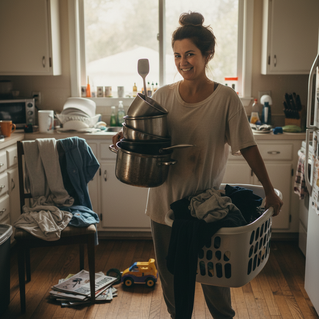 Dicas do lar Foto realista de uma mulher em casa, em um ambiente simples e bagunçado de forma leve, tentando dar conta das tarefas domésticas. Ela está segurando uma pilha de roupas ou utensílios de cozinha, com expressão de quem está passando por um perrengue mas levando no bom humor. Luz natural, clima acolhedor e autêntico, sem perfeição de revista, representando a vida real de uma quase dona de casa.