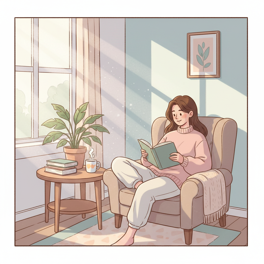 ilustração leve e acolhedora de uma mulher em casa, com estilo semelhante ao desenho atual da seção Sobre, mas sem gato e sem microfone, cores suaves e clima descontraído